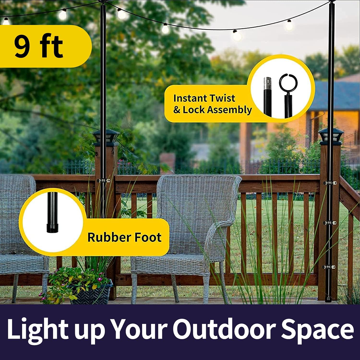 String Light Poles for Outside Outdoor Light Pole for Deck Fence Patio Hang String Lights Backyard LED for Parties Wedding Backyard Standing String Light Posts 9 Ft 2PCS