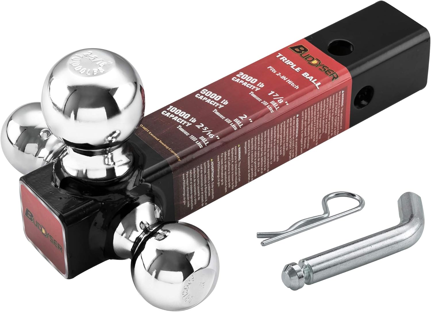 BUDDYSER Trailer Hitch Triple Ball Mount, 1-7/8, 2, 2-5/16-inch Chrome Balls & Pin, Fits 2-inch Tow Hitch Receiver Pack of 2