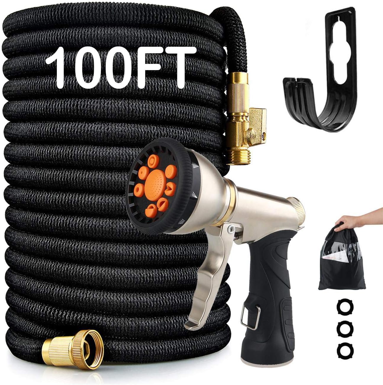 Expandable Garden Hose - 9 Function Heavy Duty Garden Spray Nozzle with 3/4 Brass Connectors for Courtyard & Car Wash (100FT) Pack of 2