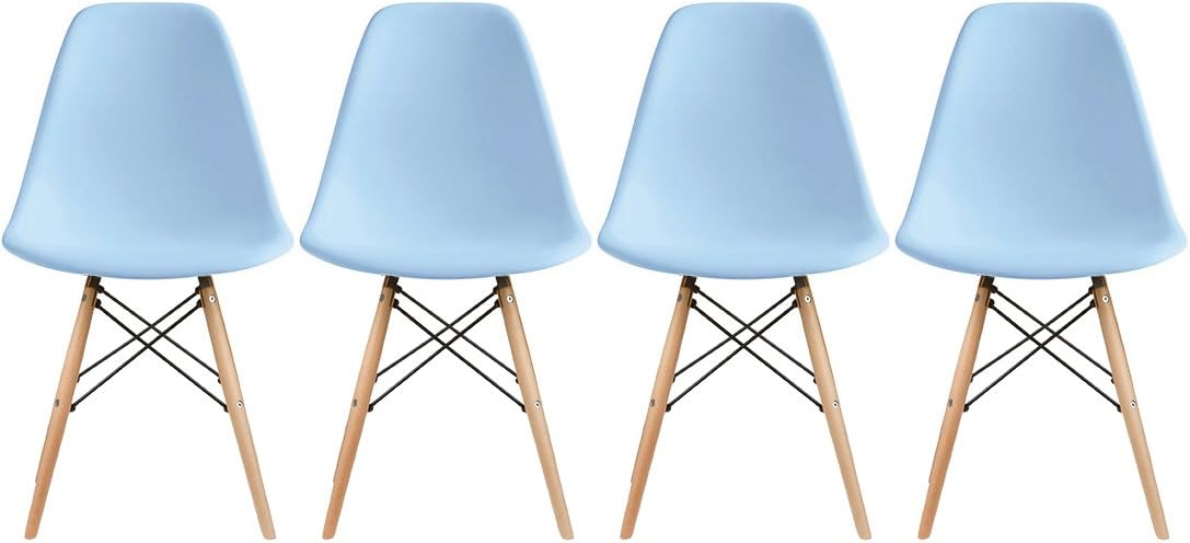 2xhome Molded Shell Designer Assemble Plastic Side No Arms Wheels Armless Chairs Natural Wood Wooden Eiffel Dining Room Bedroom Kitchen Accent Office DSW, Set of 4, White