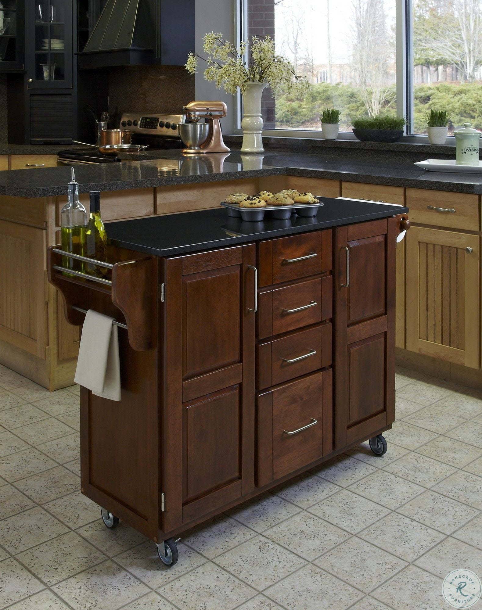 Home Styles Black Granite Kitchen Cart, Cottage Oak Wood