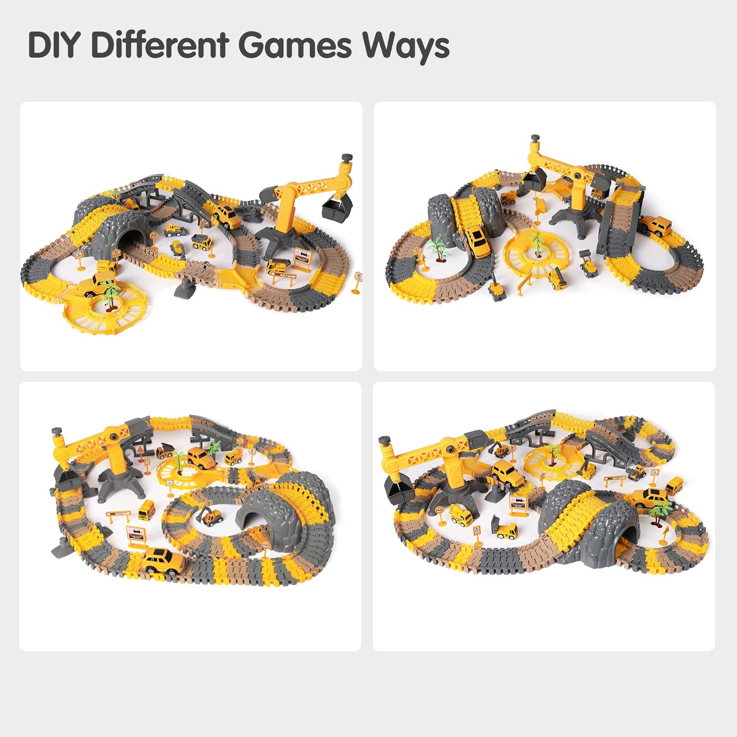 TUMAMA 258pcs Construction Race Track Vehicle Toys for Boys and Girls with 2 Electric Cars,STEM Building Bendable Race Cars Trucks Track Sets for Toddlers 3 4 5 6 Years Old