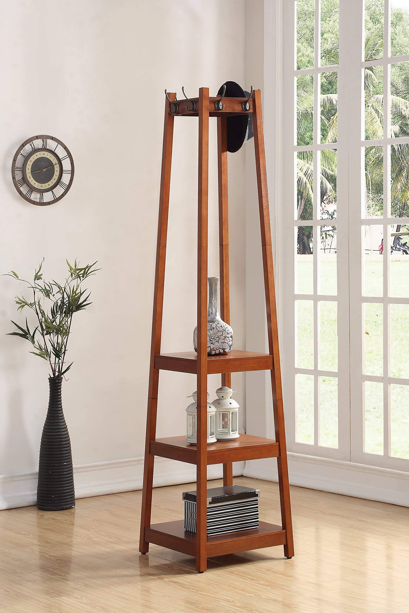 Roundhill Furniture Vassen Coat Rack w/ 3 Tier Storage Shelves Finish, Walnut