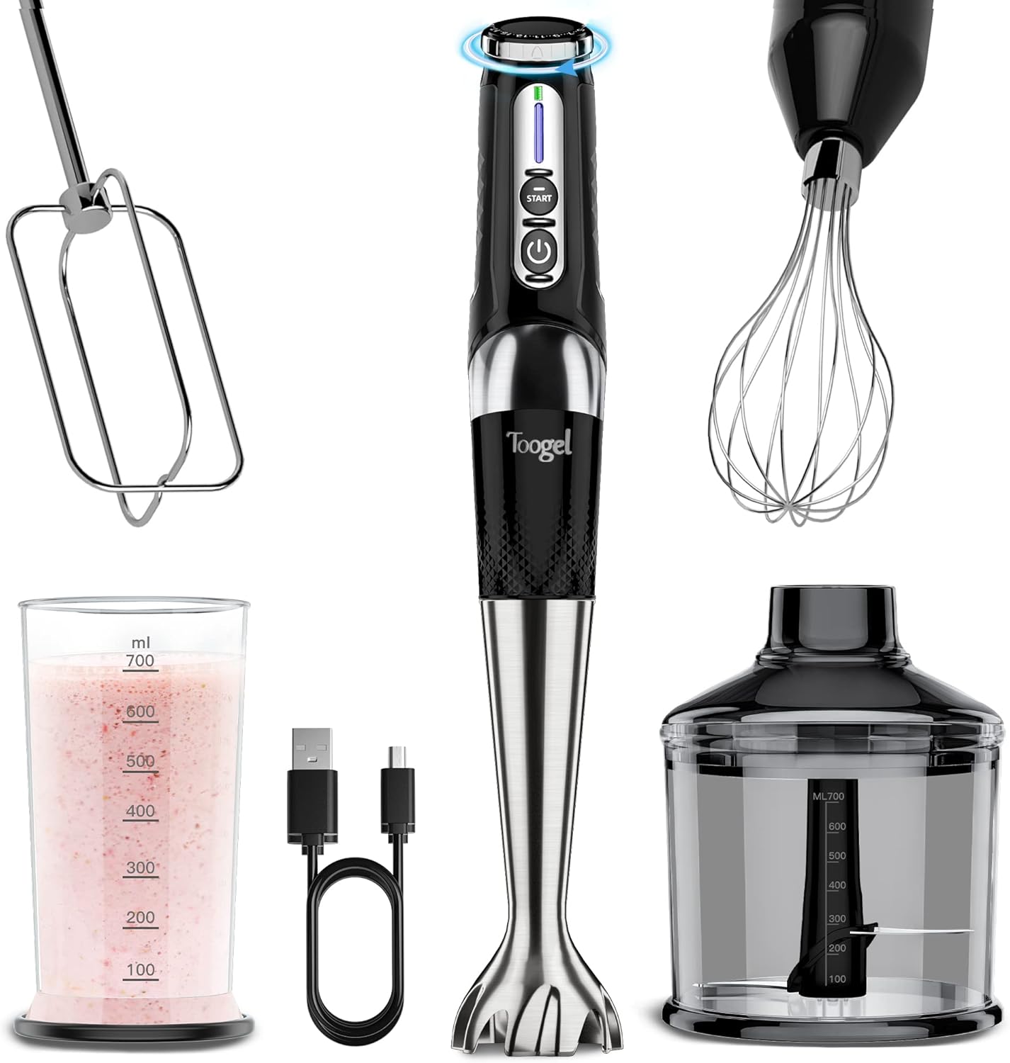 Toogel Immersion Blenders, 4-in-1 Upgraded Cordless Hand Blender, USB Rechargeable Multi-angle Adjustment, 21-Speeds, Stainless Steel Handheld Stick Blender with 700ml Mixing Beaker, Food Chopper, and Whisk Pack of 2
