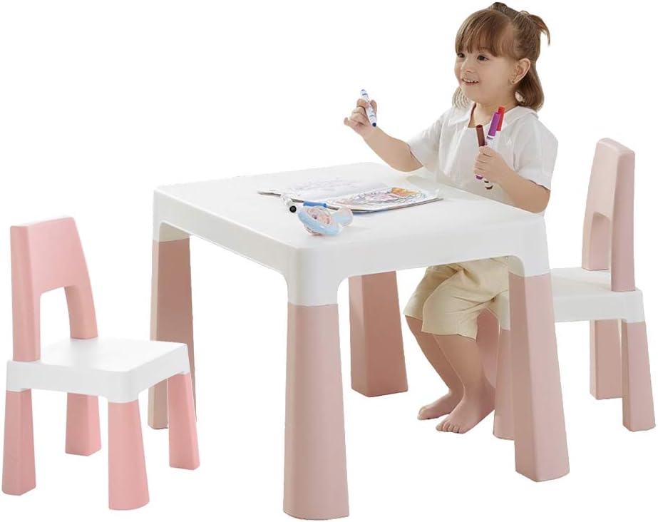 Qazqa Kids Table and 2 Chair Set, Home School Use, Children Desk Furniture with Storage Drawer Rack for Toddlers Art Writing, Reading, Learning, Dining, Playroom Activity Gift for Boys & Girls (Blue)