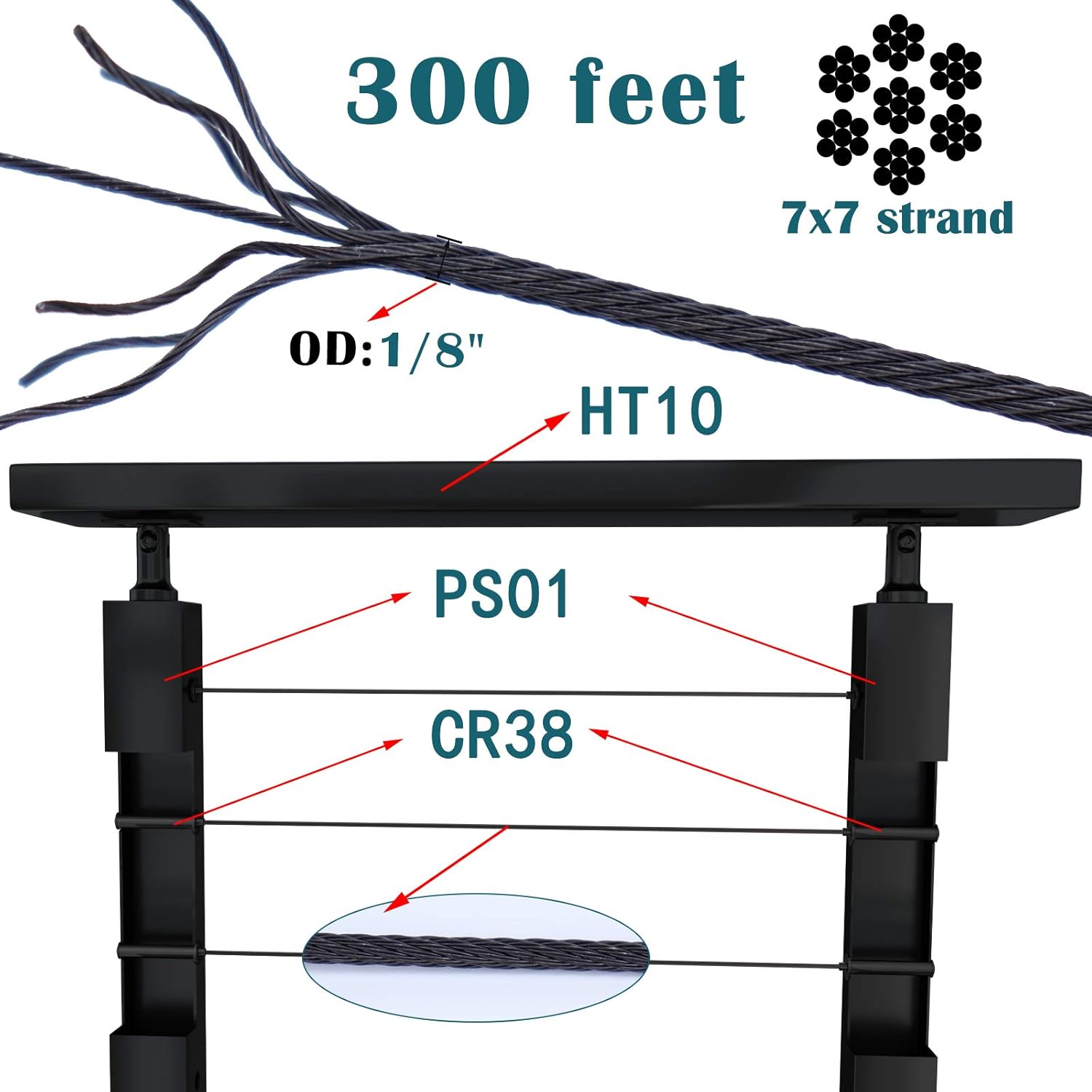 MUZATA 300ft 1/8inch T316 Black Wire Rope Cable Railing Stainless Steel Marine Grade Aircraft for Indoor Stair Deck DIY Balustrade Hanging Fencing 7x7 Strand WR19, WP1 BR1