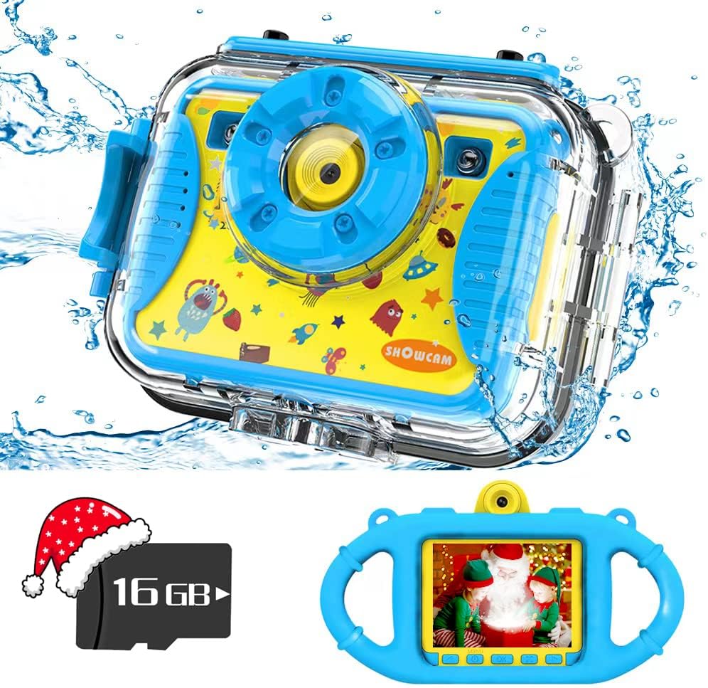 SHOWCAM Kids Camera for Children with16GB SD Card,Waterproof Child Video Cam for Age 3,4,5,6+,Selfie Supported 1080P 8MP 2.4 Inch Large Screen, Silicon Handle, Face Recognition (Blue) Pack of 2