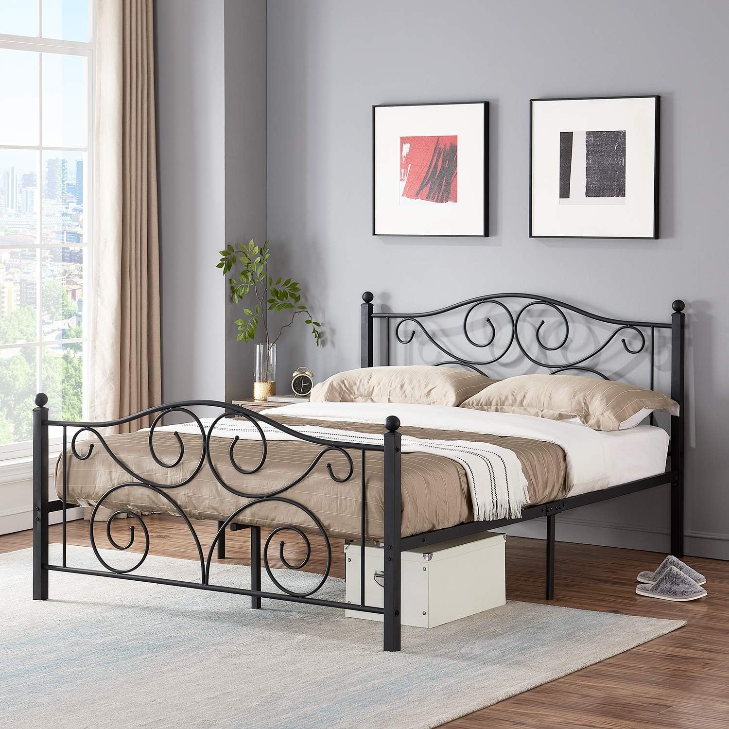 VECELO Metal Bed Frame with Headboard and Footboard, Iron Mattress Foundation No Box Spring Needed, Heavy Duty/Easy Set Up, Queen, Black