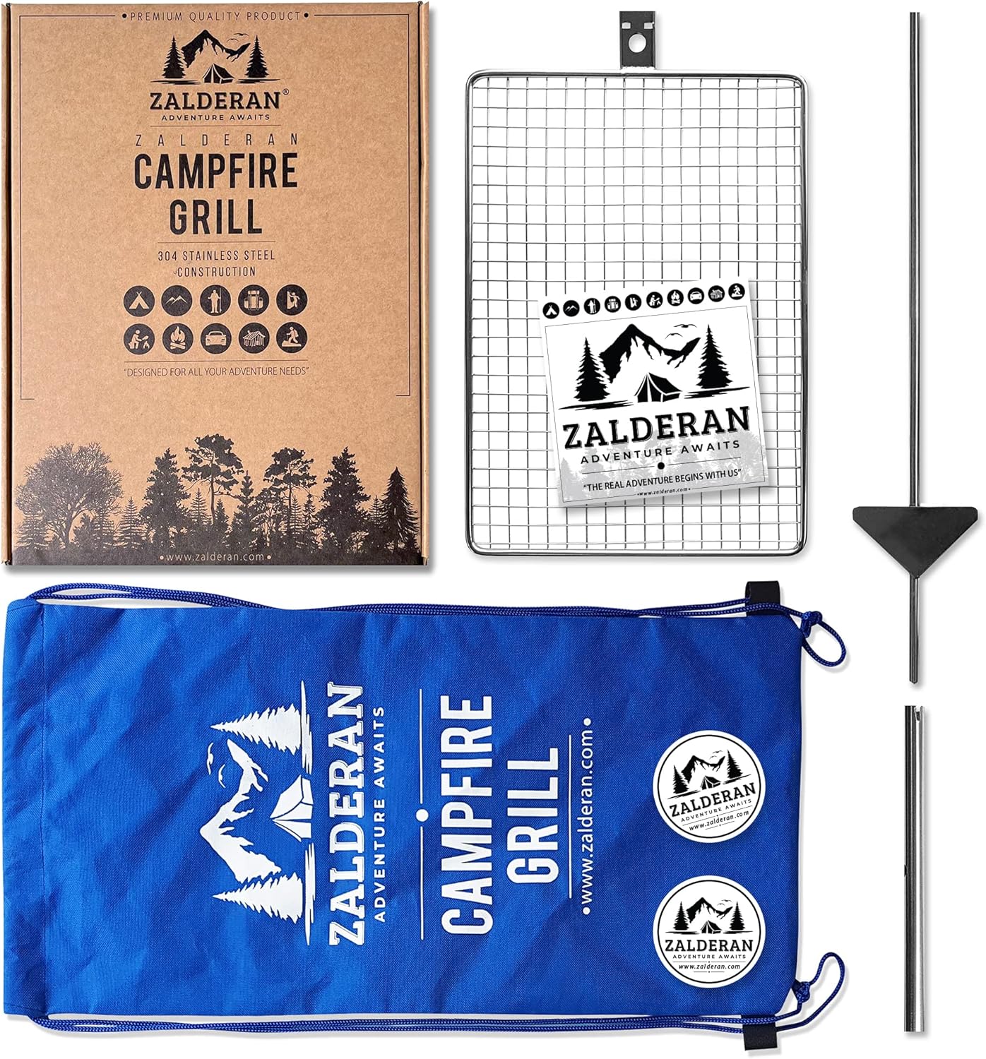 Zalderan Campfire Grill Grate. Adjust the height while cooking to maintain the perfect temperature. Lightweight, Stainless Steel, Portable, Backpack Hiking Grill. For outdoor fire pit camping. Fast and easy to set up.