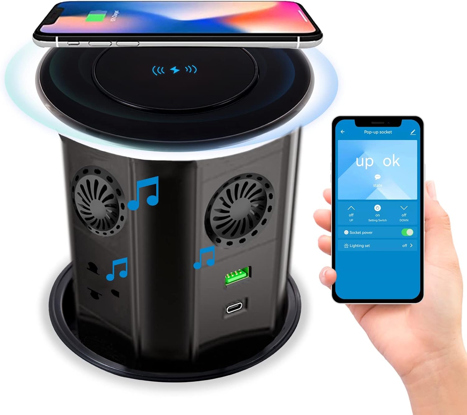 Redcomets Automatic Pop Up Power Strip, Retractable Hidden Recessed Power with 2 4.2A USB Charger Ports and Wireless Charger Station, 3 AC Outlets for Kitchen Countertop Conference(White)