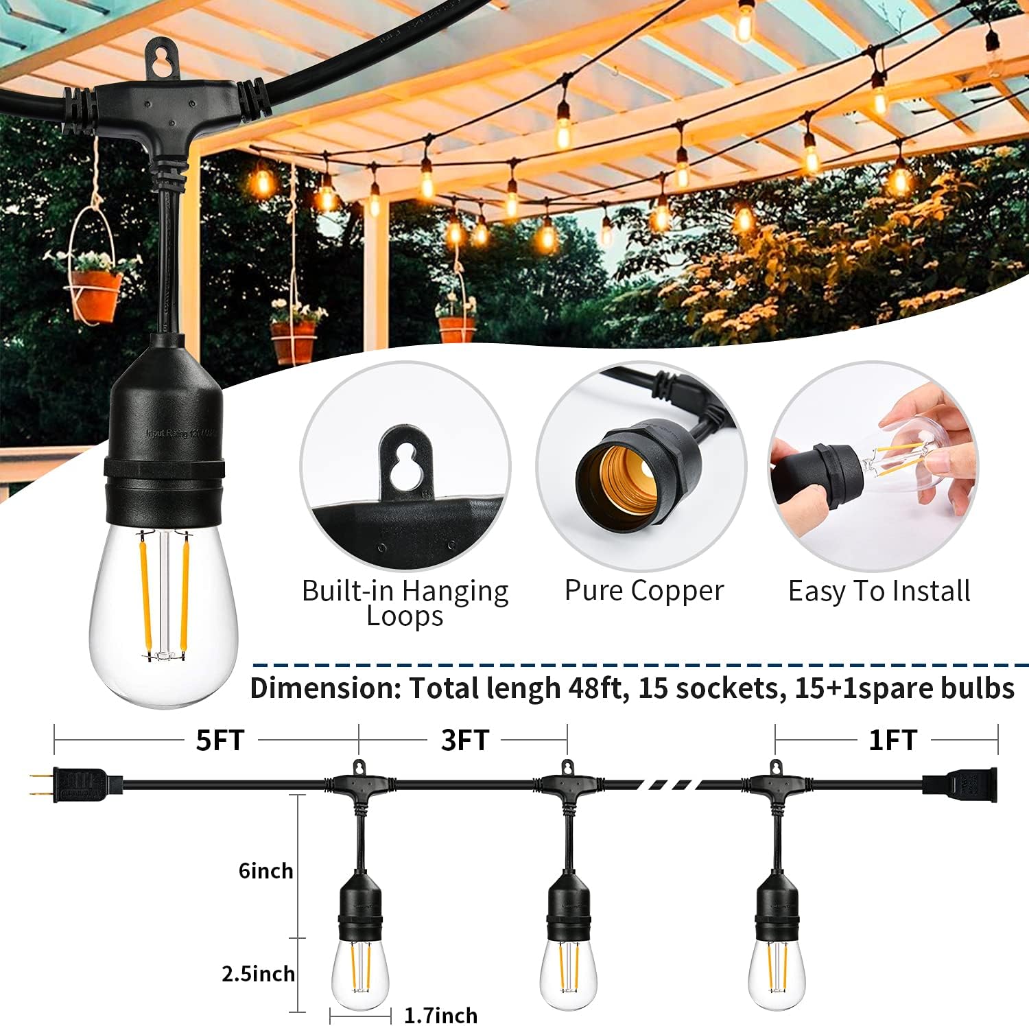 Aialun 2 Pack -2&times;48FT LED Outdoor String Lights with 2W Dimmable Edison Shatterproof Plastic Bulbs Commercial Great Weatherproof Strand - Heavy-Duty Decorative LED Caf&eacute; Patio Light, Porch Market Light