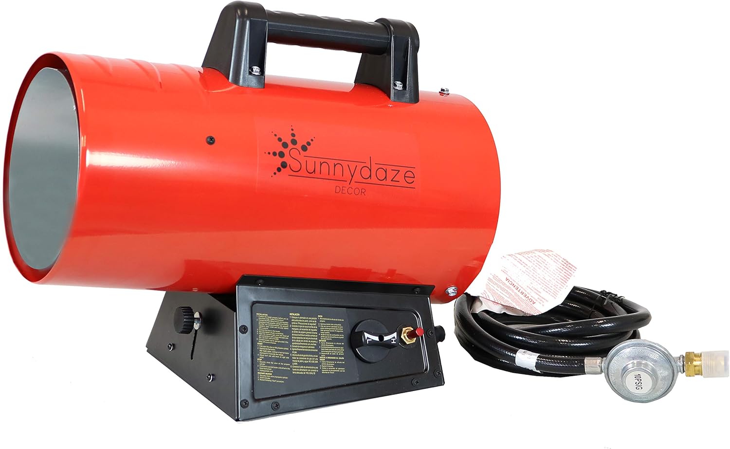 Sunnydaze 60,000 BTU Forced Air Propane Heater - Portable Heat for Construction Sites - Auto-Shutoff for Overheating Protection - Adjustable Heating Output - Piezo Ignition - Red and Black