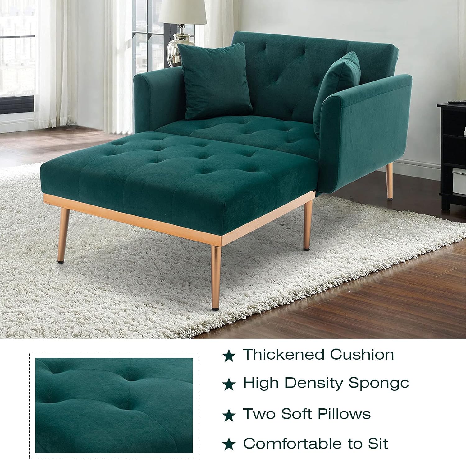 NOSGA Modern Tufted Velvet Sofa Chaise Lounge Indoor, Adjustable Backrest Lounge Sofa with Thick Padded, Convertible Reclining Chair with Rose Golden Metal Legs for Living Room Home Office(Pink)