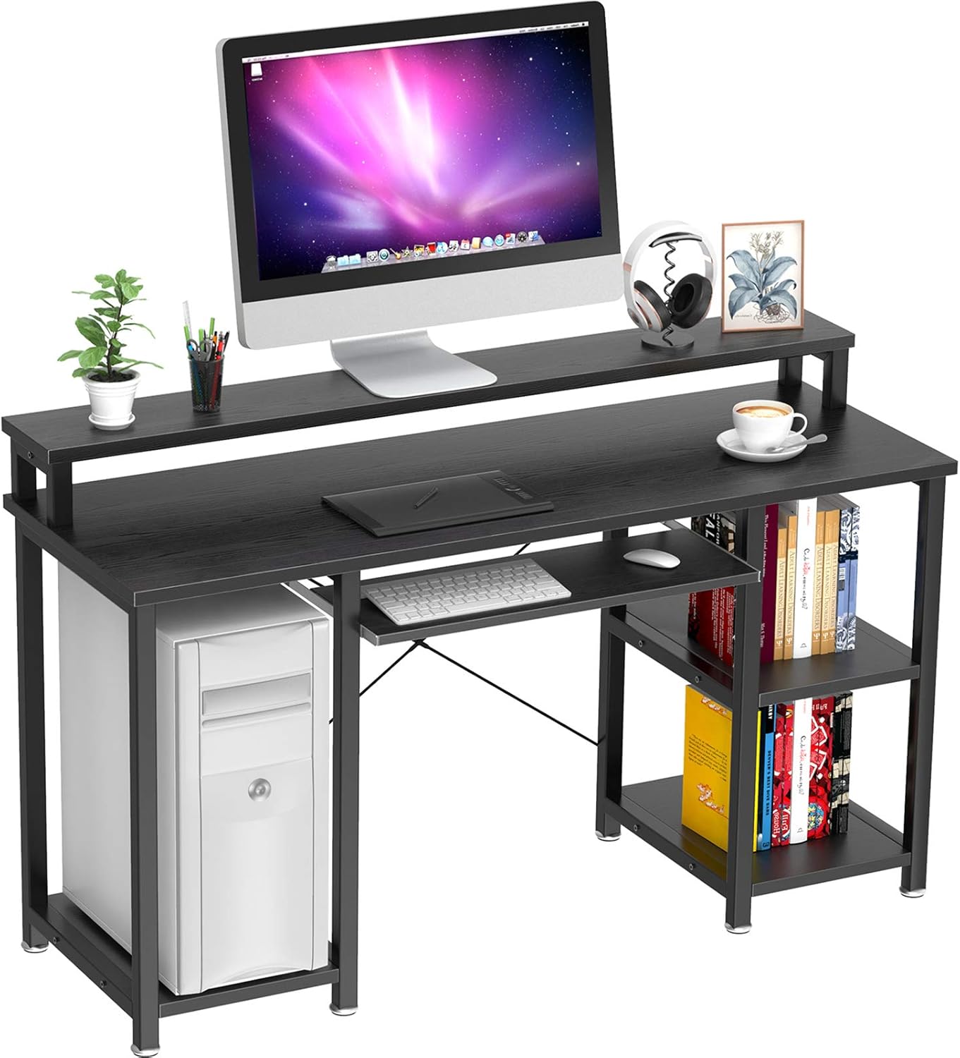 NOBLEWELL Computer Desk with Monitor Stand Storage Shelves Keyboard Tray，47
