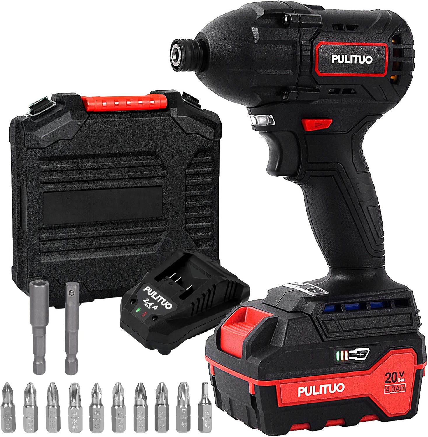 PULITUO Impact Driver,20V Cordless Driver Kit with 3540 In-lbf,0-2300 RPM Variable Speed, 20V Impact Drill Power Tool with Fast Charger,2.0 Ah battery,1/4