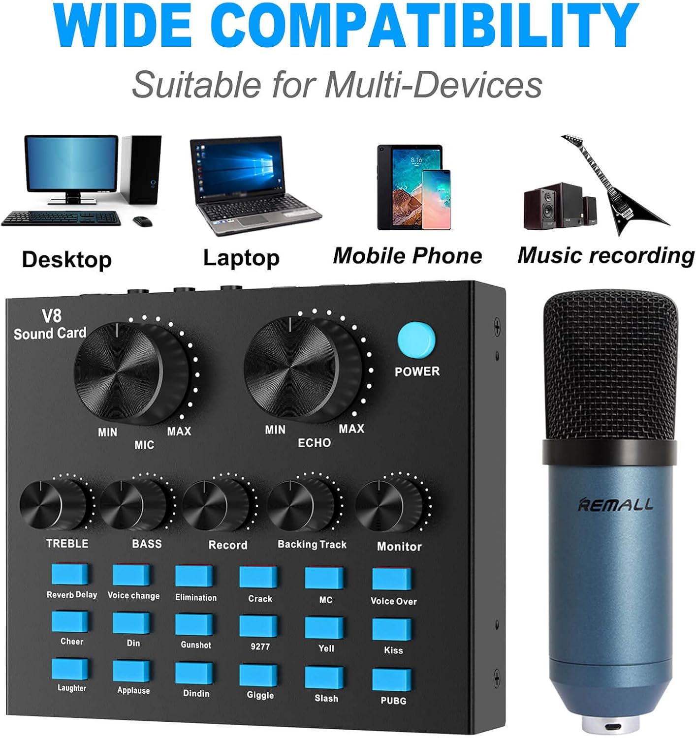 Audio Interface DJ Mixer with Live Sound Card V8, Remall Podcast Equipment Bundle Bm800 Condenser Microphone 3.5mm kit Streaming PC Recording Gaming Pack of 2