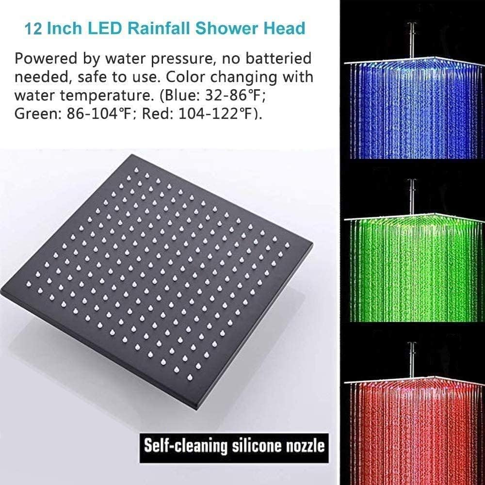 KATAIS 12 Inch Ceiling Rain Square Shower System with 2 Functions Brass Body Jets and Handheld Shower Faucet Mixer Combo Set Thermostatic Control Valve Can Use All Buttons at The Same Time Matte Black