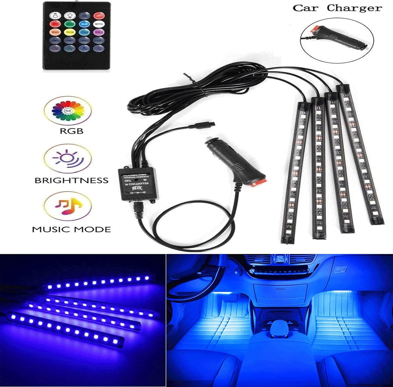 KaiRui 4pcs 48 LED car Light Strips with Sound and Active Function Remote Control Multi Color Music Interior Lights Light Strip Under Dashboard Lighting kit DC5V