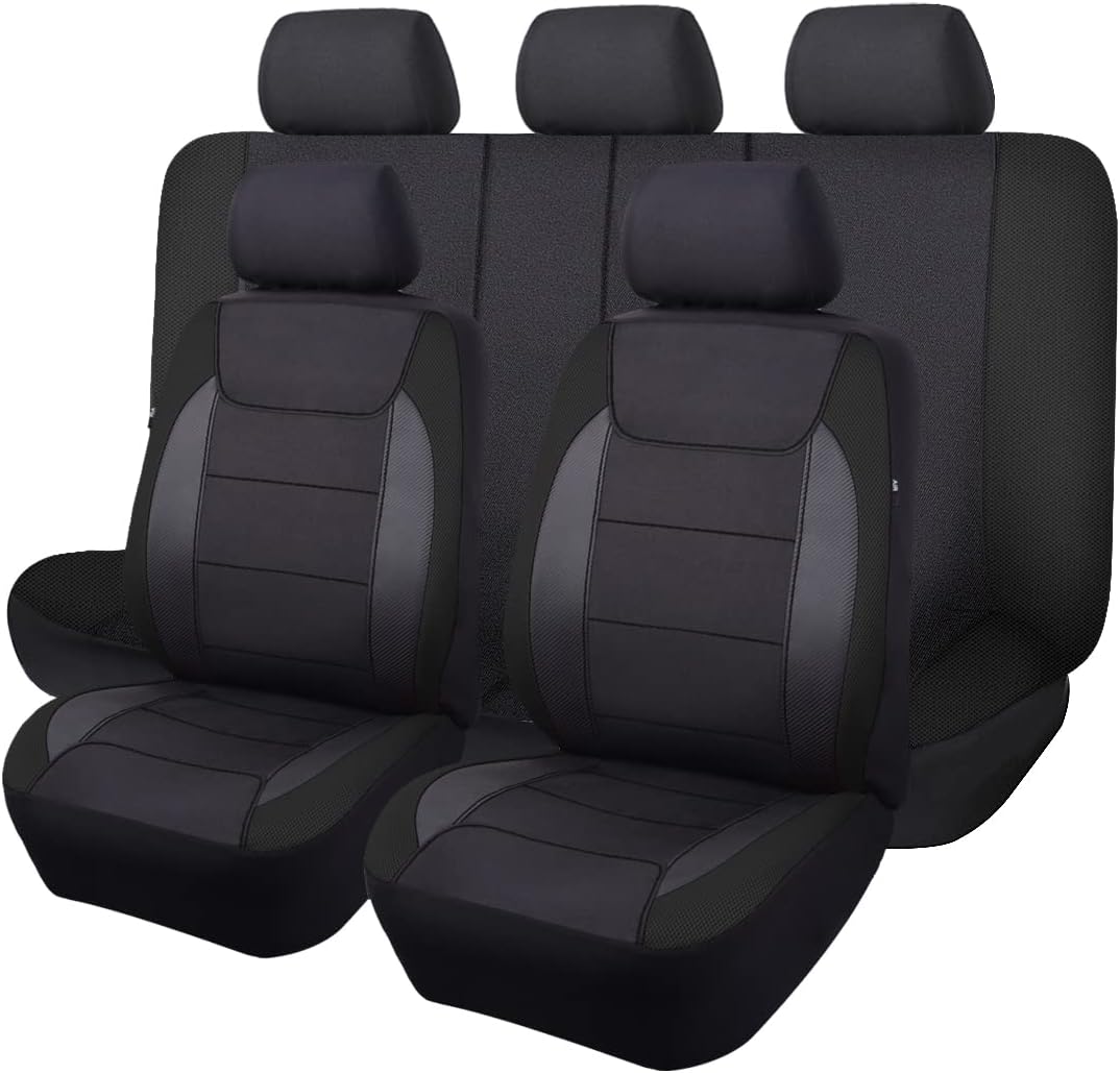 Flying Banner car seat Covers Quality Carbon Fiber Faux Leather Mesh Fabric Sport Low High Back Bucket Back Pocket Arm Rest Car SUV Truck Pick UP (2 Fronts -- High Bucket, Black)