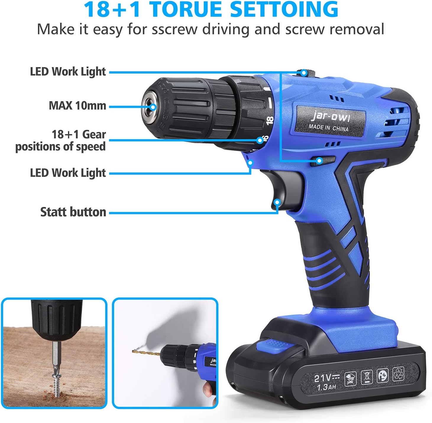 JAR-OWL Power Tools Combo Kit, Tool Box with 21V Cordless Drill and 60 Accessories Hand Tools for Home Cordless Repair Tool Kit Set, Blue Pack of 2