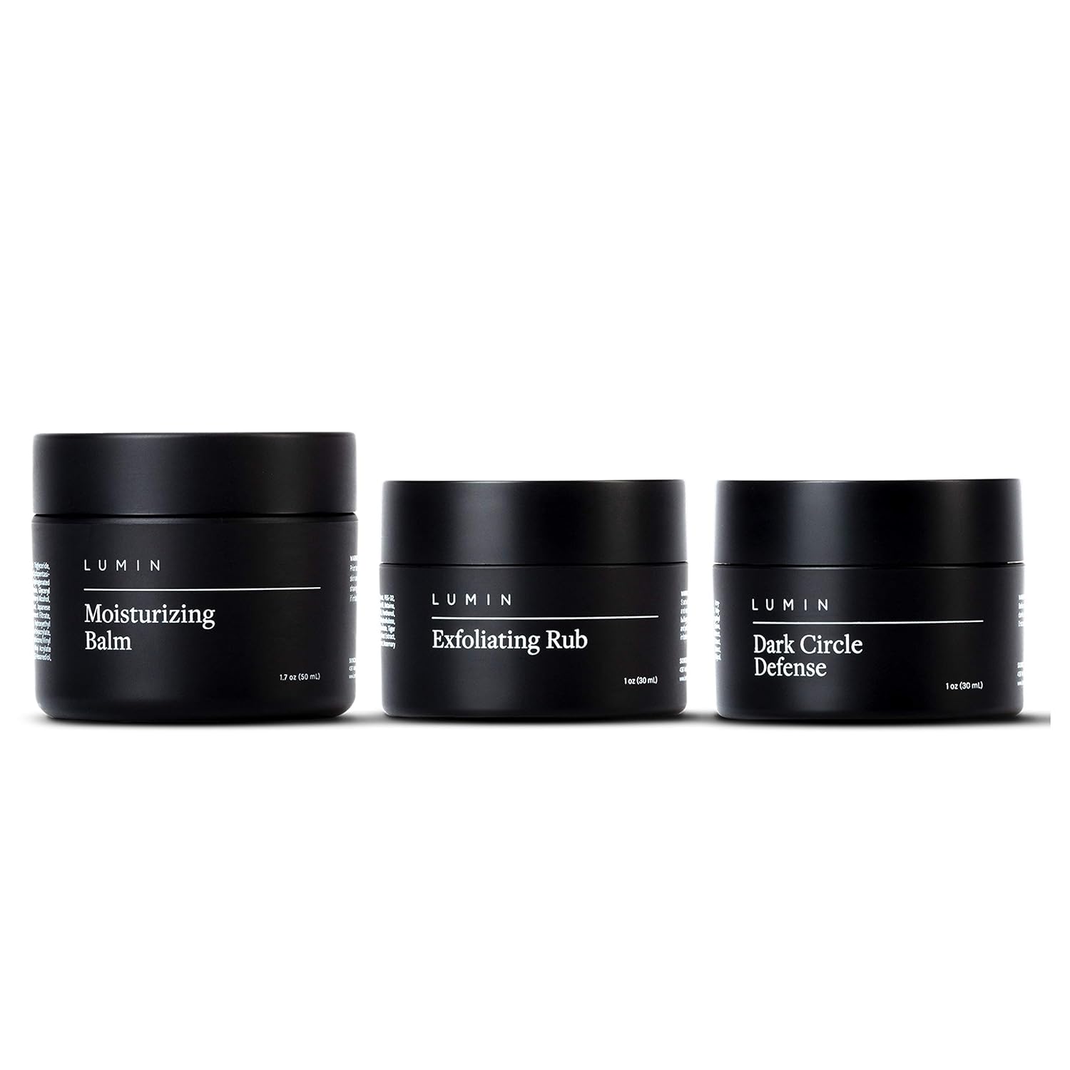 Lumin Correction Trio Collection for Men: 3 Piece Kit to Help with Tired Eyes, Dark Spots, Uneven, and Dull Skin - Includes Dark Circle Defense, Exfoliating Rub, and Moisturizing Balm Pack of 2