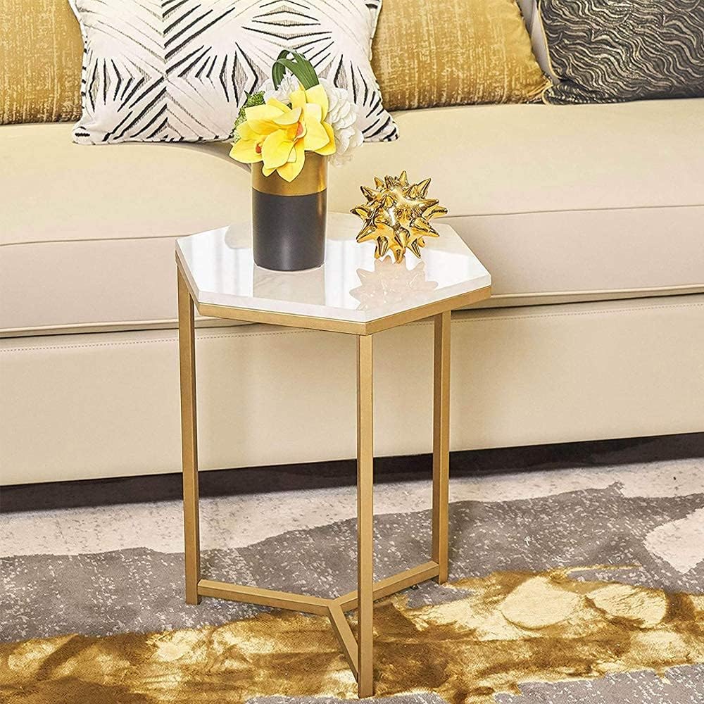Hexagon Gold Accent Side End Table with Faux Marble Top for Living Room, White Nightstand for Home Office Small Space, 16''D x 20
