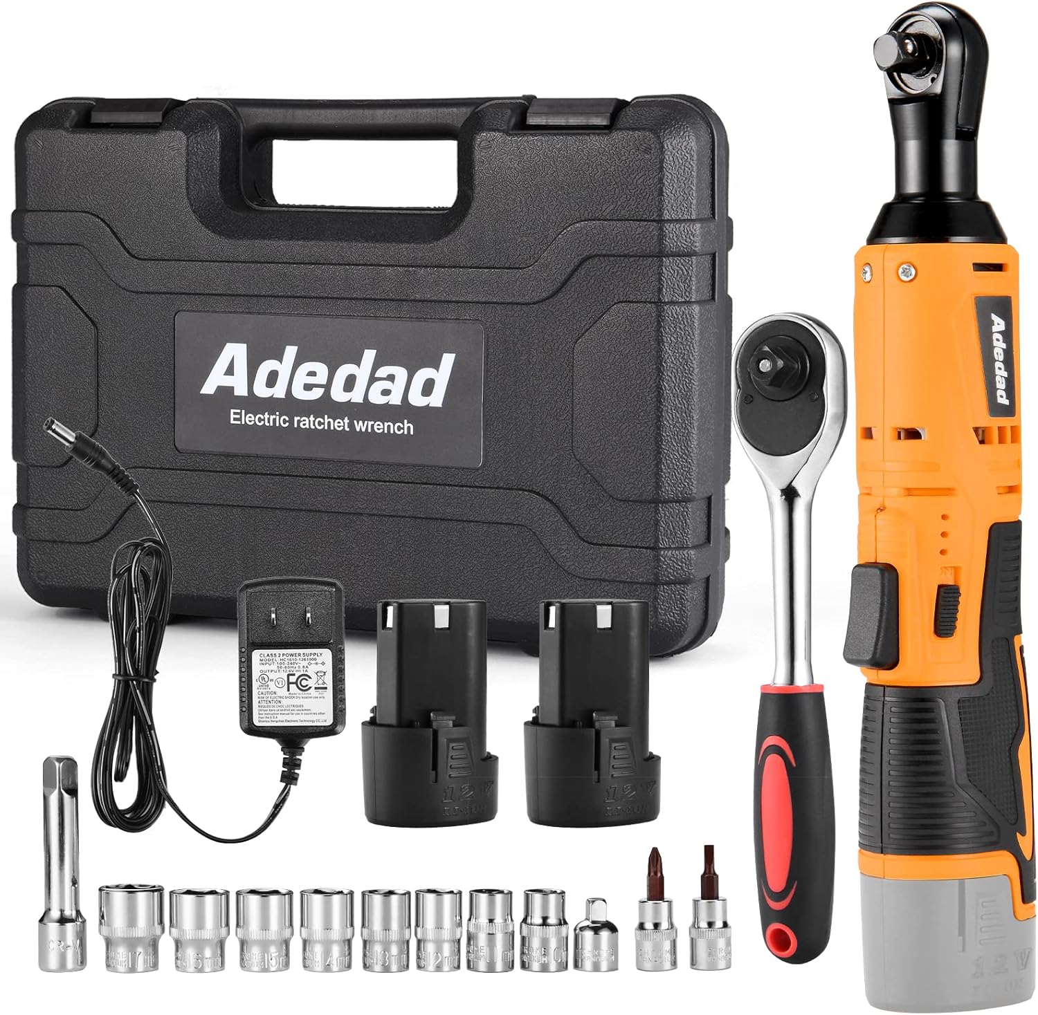 Adedad Cordless Ratchet Wrench Set, 3/8&rdquo; 40Ft-lbs 400 RPM 12V Electric Power Ratchet Wrench Tool Kit w/2-Pack 2.0Ah Batteries, Variable Speed Trigger, 12 Sockets