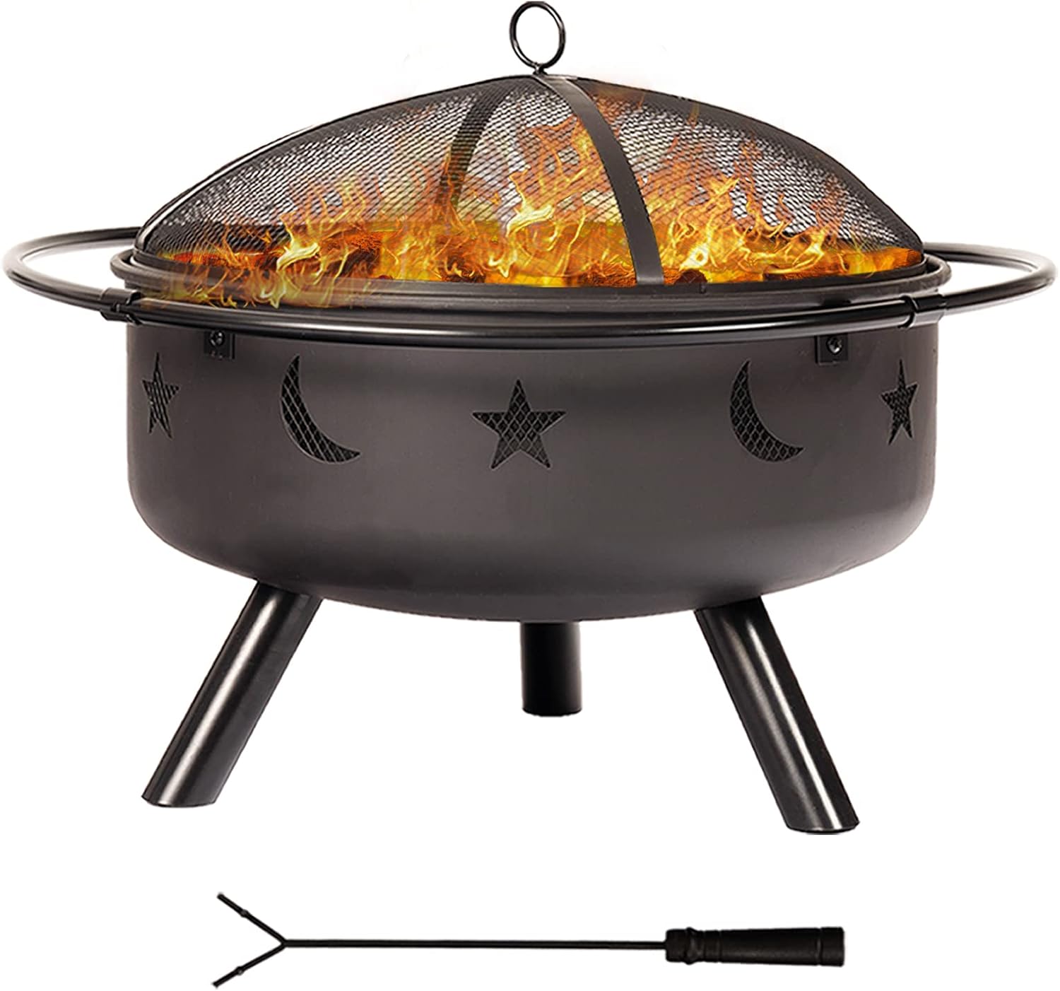 32'' Outdoor Fire Pit - Cast Iron Fire Pits Wood Burning with Fire Poker, Waterproof Cover and Spark Screen - Large Round Metal Patio Fire Pit Bowl for Backyard