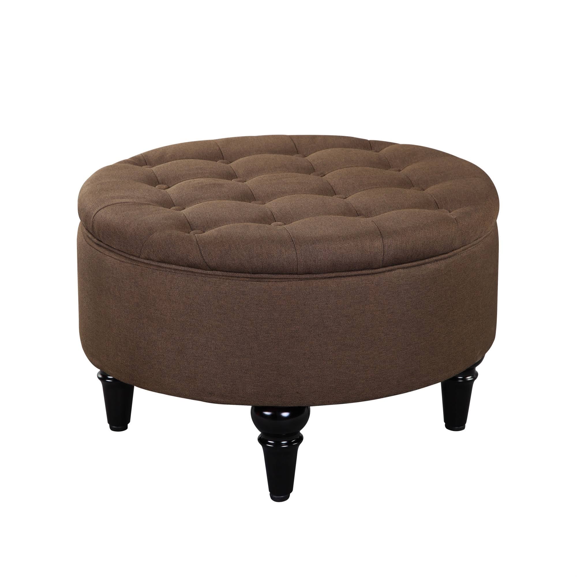 Pilaster Designs Cristo 24x22 Round Ottoman Footstool with Storage, Reversible Top u0026 Button Tufts, Brown Fabric, Black Legs,