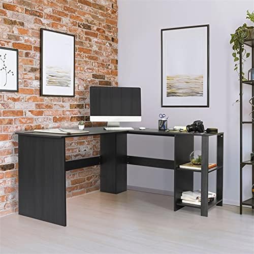 Pemberly Row Wooden L-Shaped Corner Computer Desk in Black