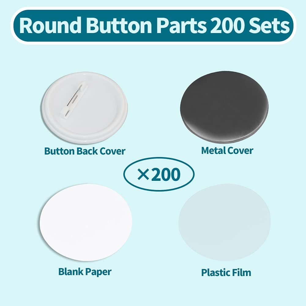 Happizza 200 Sets 58mm(2.25 in) Blank Pin Back Button Parts for Button Maker Machine 58mm, Round Badge Making Supplies, Includes Metal Cover, Plastic Button Back Cover, Clear Film&Blank Paper