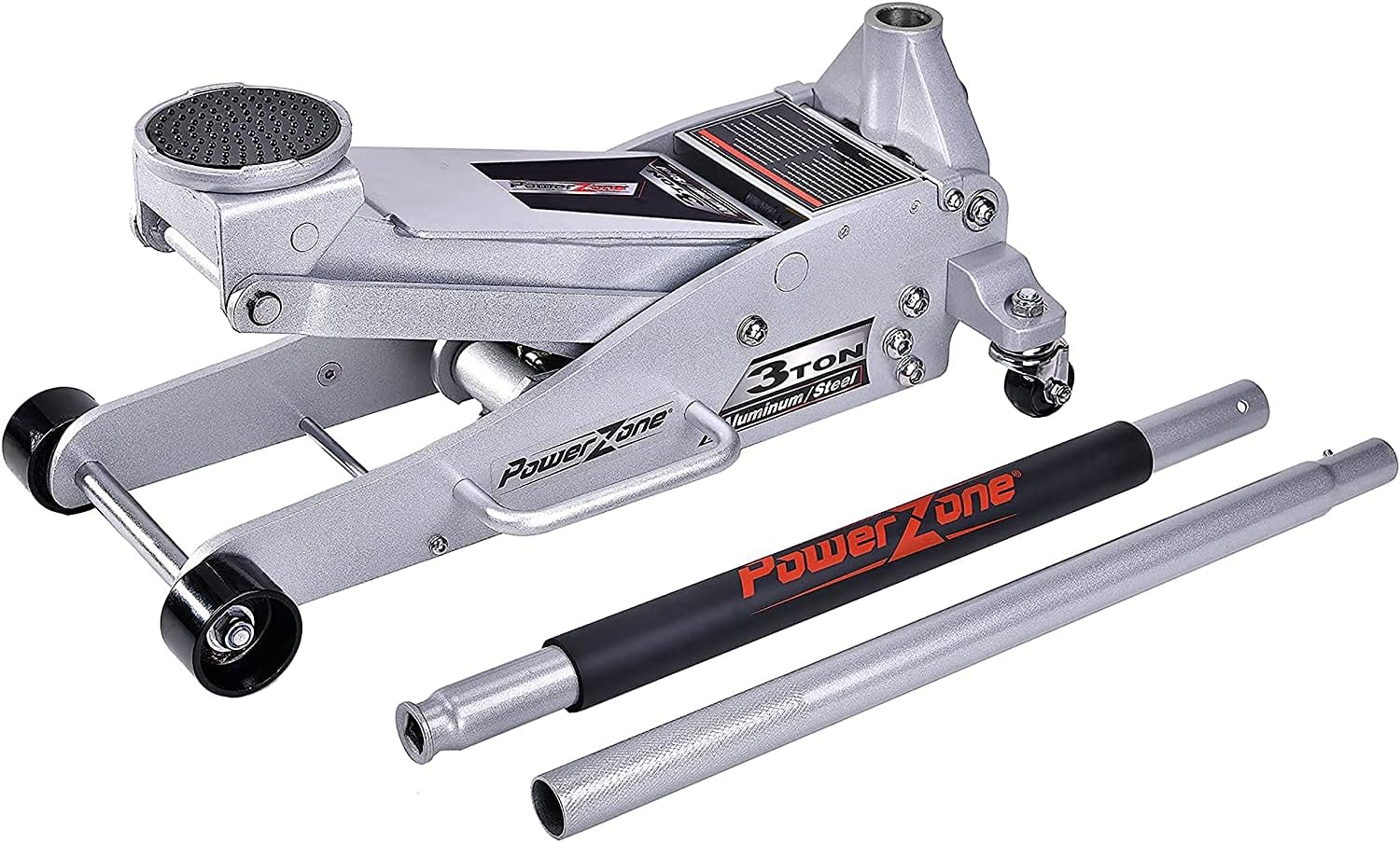 Power Zone 680044 3-Ton Dual Pump Quick Lift Aluminum and Steel Hydraulic Racing Jack, Lift Range: 3-7/8&rdquo; to 18-3/8&rdquo;, Silver (680044-A)