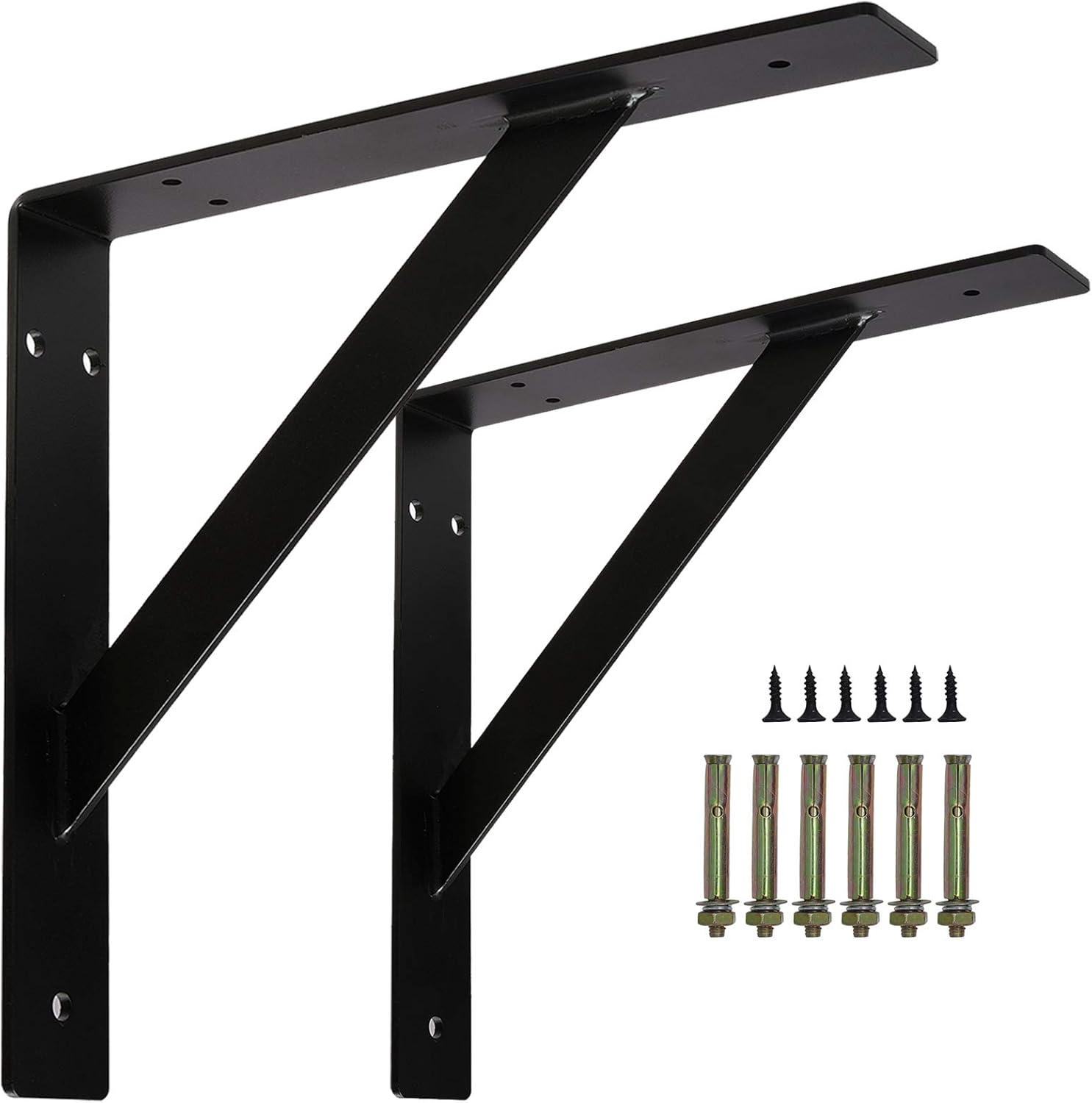 Countertop Support Brackets, 16’’ X 12’’Heavy Duty Shelf Bracket, Heavy Duty Black Shelf Bracket, Wall Mounted Joint Right Angle L Solid Shelving Bracket for Bar Tops Cabinetry Table Desk, Black Pack of 2
