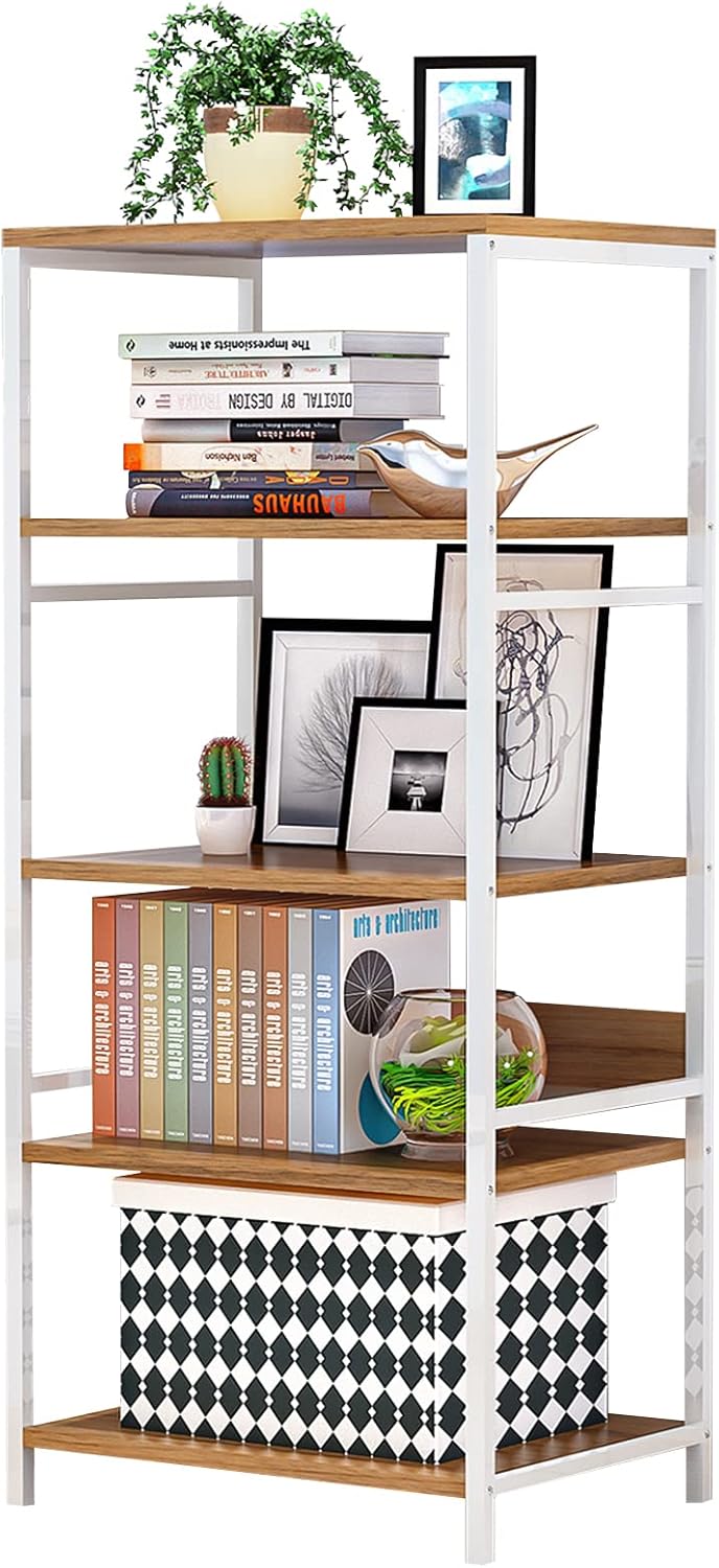 Vintage 5-Tier Industrial Bookshelf Bookcase, YOCOMEY Open Standing Storage Wood Shelf with Metal Frames, Modern Tall Display Rack Shelves Organizer Workstation for Kitchen Home Office Study (White)