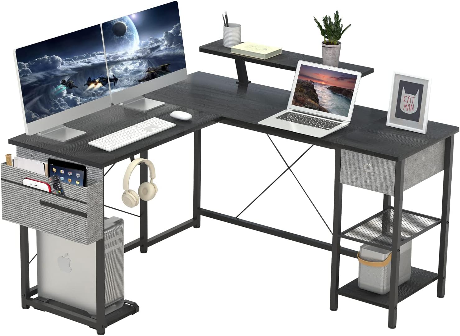 SUAYLLA L Shaped Desk, Multifunctional Computer Gaming Desk with Storage and Desktop Hook, L Shape Corner Reversible Industrial Table with Shelves Home Office Study Writing Workstation, Black