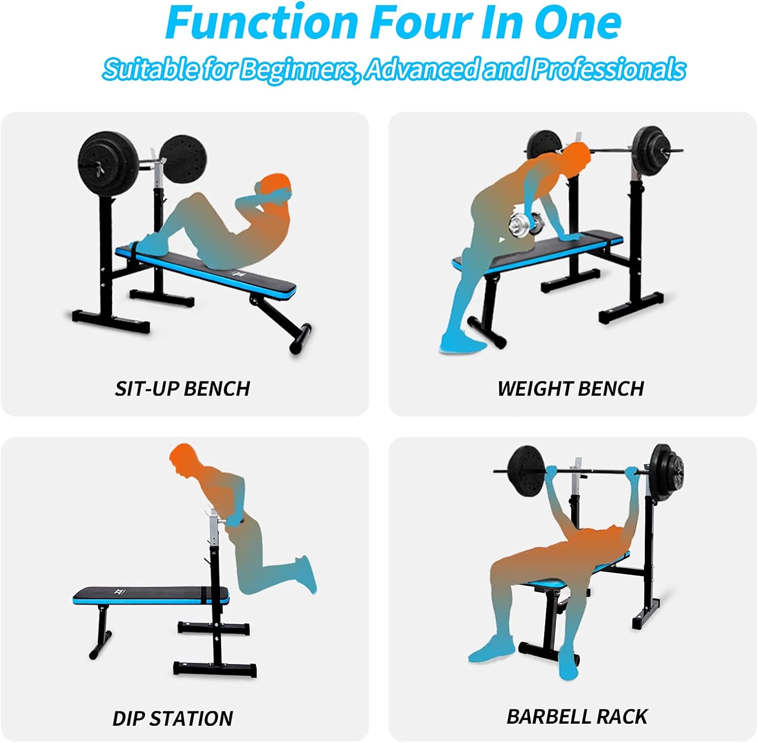 JX FITNESS Adjustable Weight Bench with Barbell Rack Folding, Weight Lifting Bench with Dip Station for Home Gym, Strength Training Multiuse Workout Bench