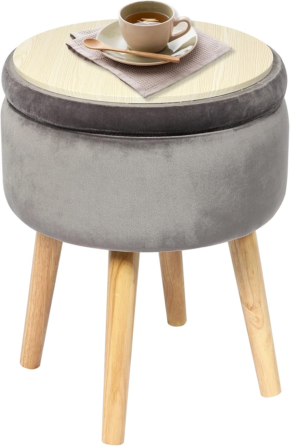 B FSOBEIIALEO Round Storage Ottoman, Soft Padded Velvet Footrest Stool, with Wooden Legs & Tray Top 14.17
