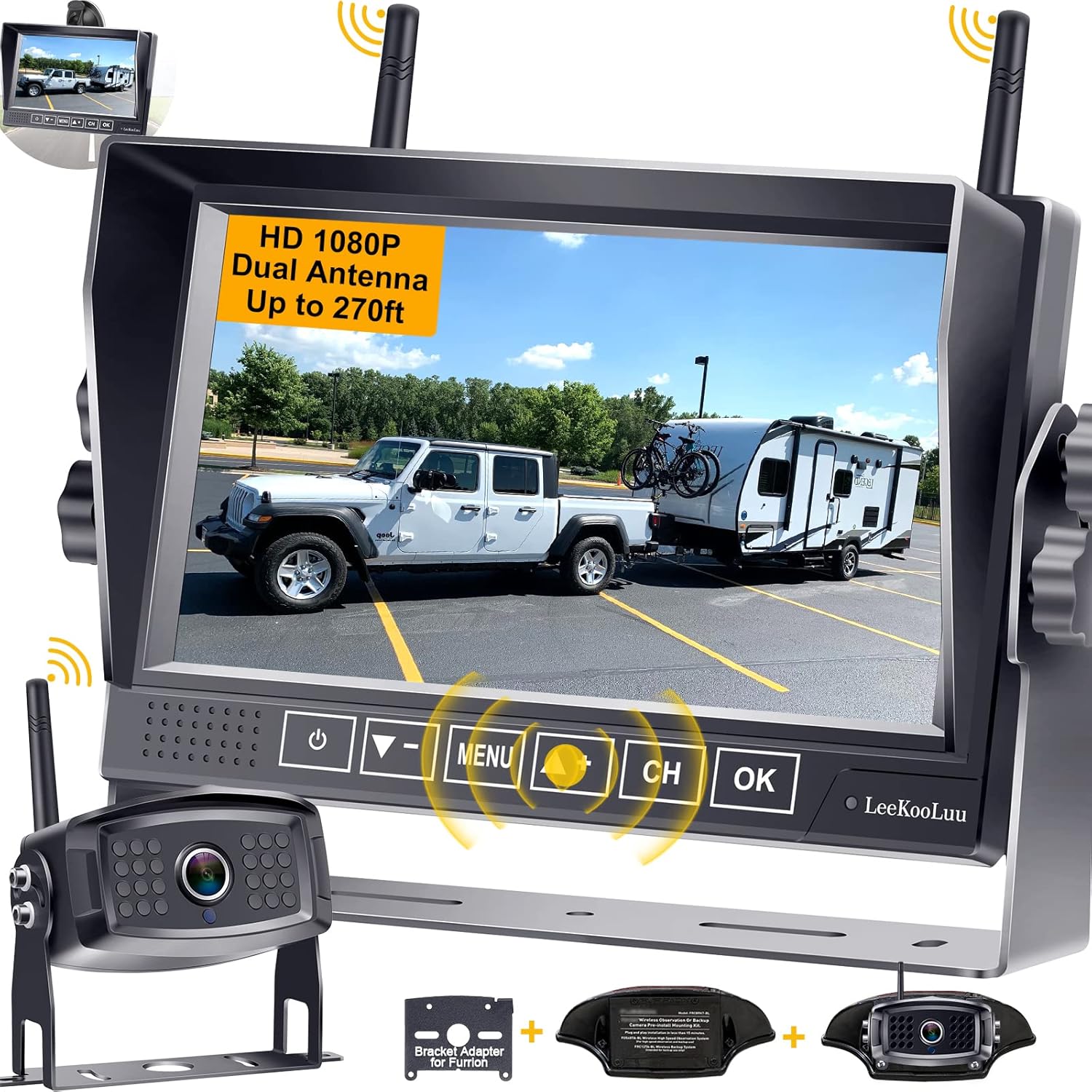 RV Backup Camera Wireless Waterproof 7'' LCD Split Screen DVR Dash Monitor Touch Key Rear View System 4 Channels Travel Trailers Adapter for Furrion Pre-Wired RVs Night Vision LeeKooLuu LK7