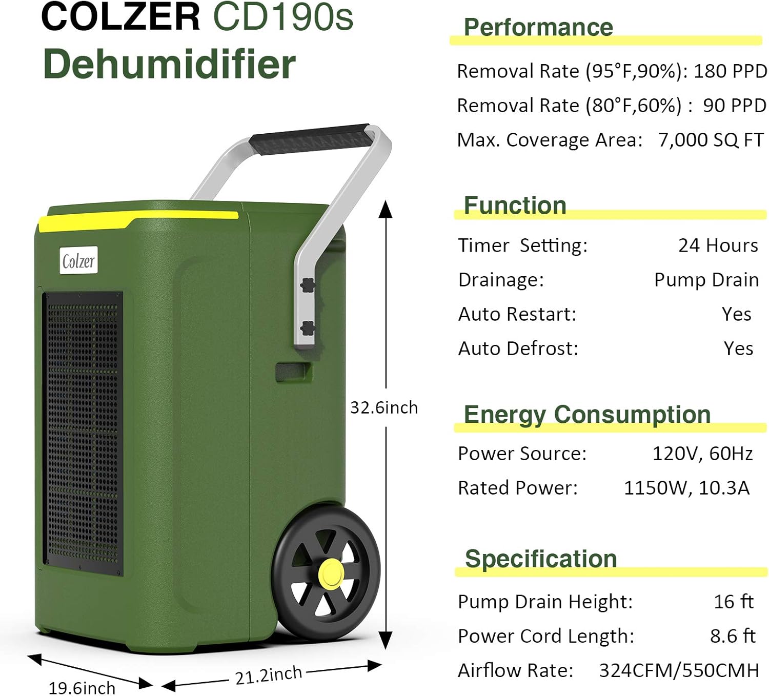 COLZER 180 Pints Commercial Dehumidifier with Pump and 10ft Continuous Drain Hose for Large Basement, Garage and Warehouse in Large Spaces up to 7000 Sq.Ft, Large Capacity Can Remove up to 180 Pints of Moisture Per Day