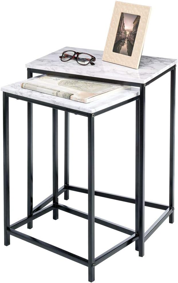 mDesign Modern Nesting Side/End Table - Metal Wood Design - Sturdy Vintage, Rustic, Industrial Home Decor Accent Furniture for Living Room, Bedroom - Set of 2 - Marble/Black Pack of 2