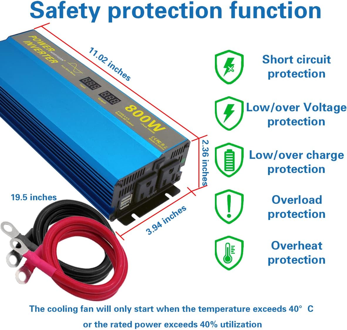 MOVFFGGRM 800W Pure sine Wave Power Inverter peak-1600 watt DC 12V to 110V AC Inverter with 2.4A Dual USB Car Adapter LCD Digital Display