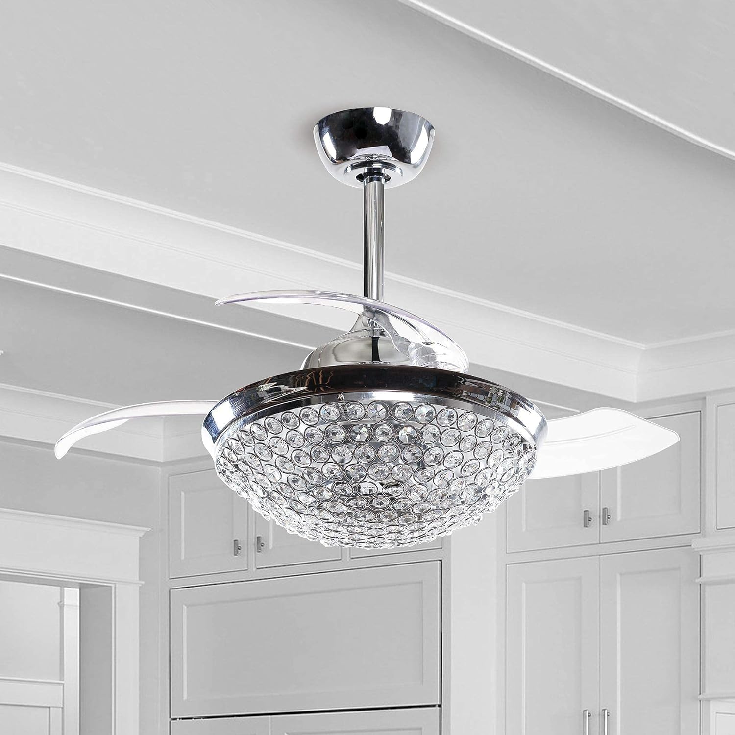 Ceiling Fan with Lights Remote Control Retractable Ceiling Fan Crystal in Bedroom, 42 Inch, Chrome