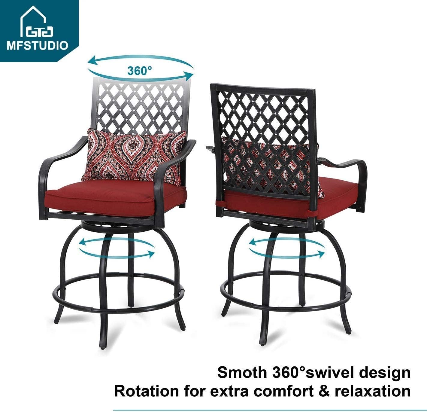 MFSTUDIO 2 PCS Outdoor Swivel Bar Chairs Metal Height Barstools with All Weather Steel Frame and Red Cushion, Black