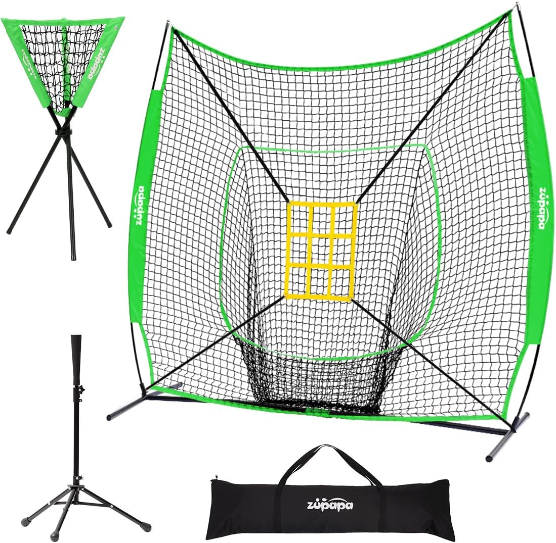 Zupapa 7x7 Feet Baseball Softball Hitting Pitching Net Tee Caddy Set with Strike Zone, Baseball Backstop Practice Net for Pitching Batting Catching for All Skill Levels