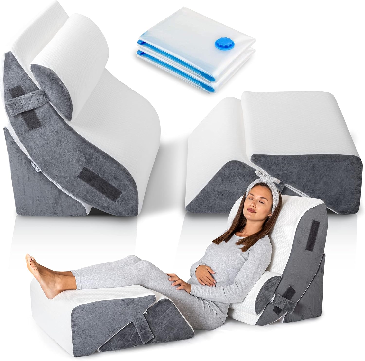 Luxone 5 Pcs Adjustable Relaxing System w/ Leg Elevation Pillow - Perfect Orthopedic Pillow Set for After Surgery - Memory Foam Bed Wedge Pillows for Back Support, Pain Relief & Post Surgery Recovery