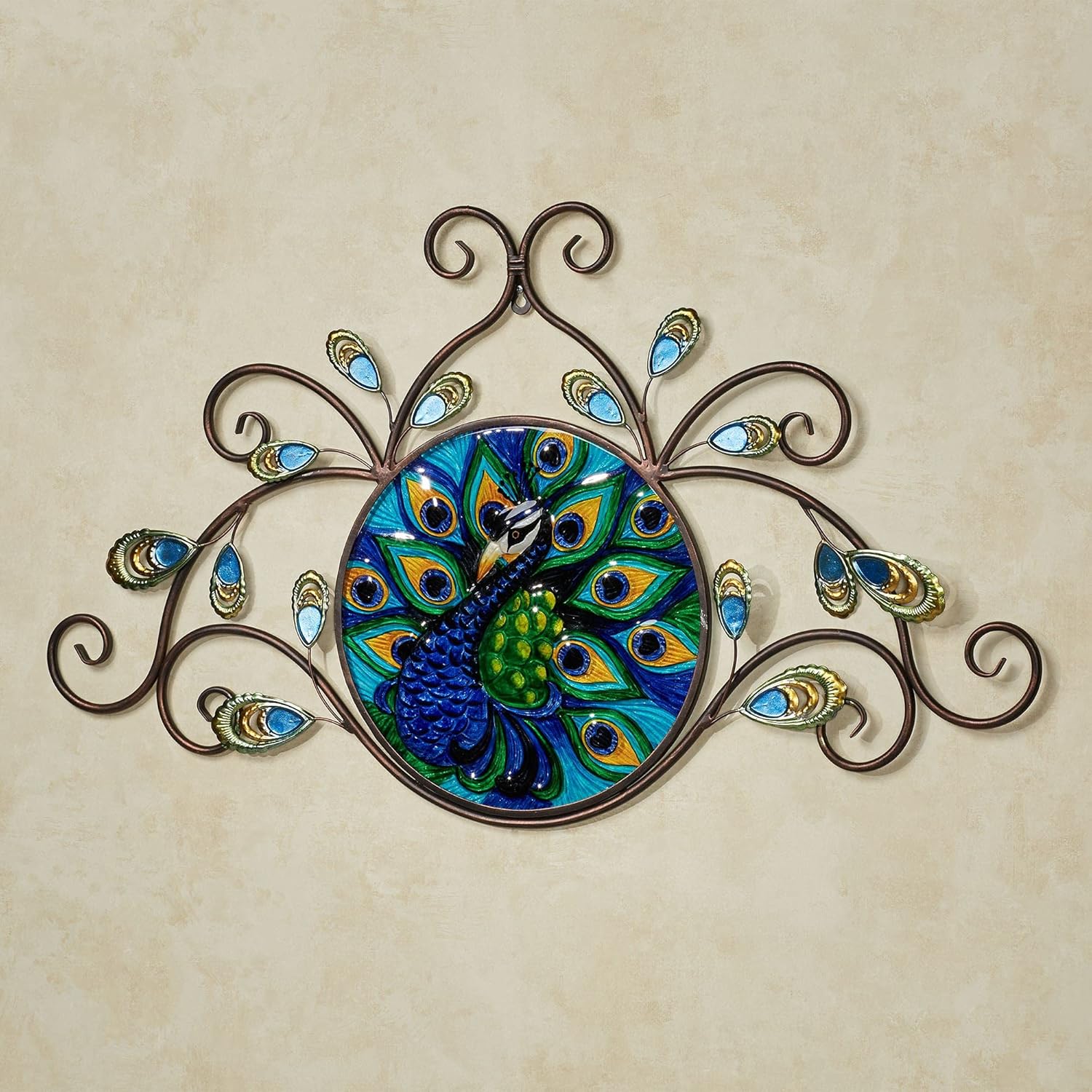 Touch of Class Pristine Peacock Wall Art - Blue - Handcrafted Metal, Glass - Aesthetic Room Theme - Elegant Sculptures for Bedroom, Living Room, Kitchen, Entryway - 32 Inches Wide