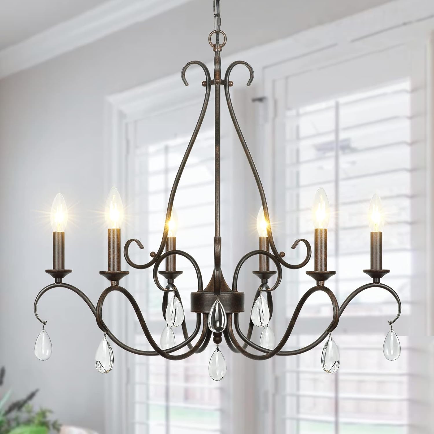 Acesun 6 Light Farmhouse Chandelier with Crystal Pendants, French Country Chandeliers for Dining Room, Living Room, Bathroom, Kitchen