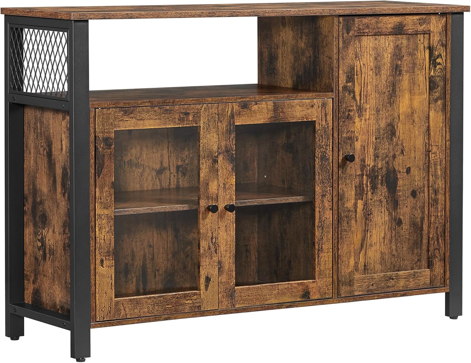 VASAGLE Buffet Cabinet, Sideboard, Floor Storage Cabinet with Transparent Doors, for Dining Room, Living Room, Kitchen, Industrial Style, Rustic Brown and Black ULSC096B01