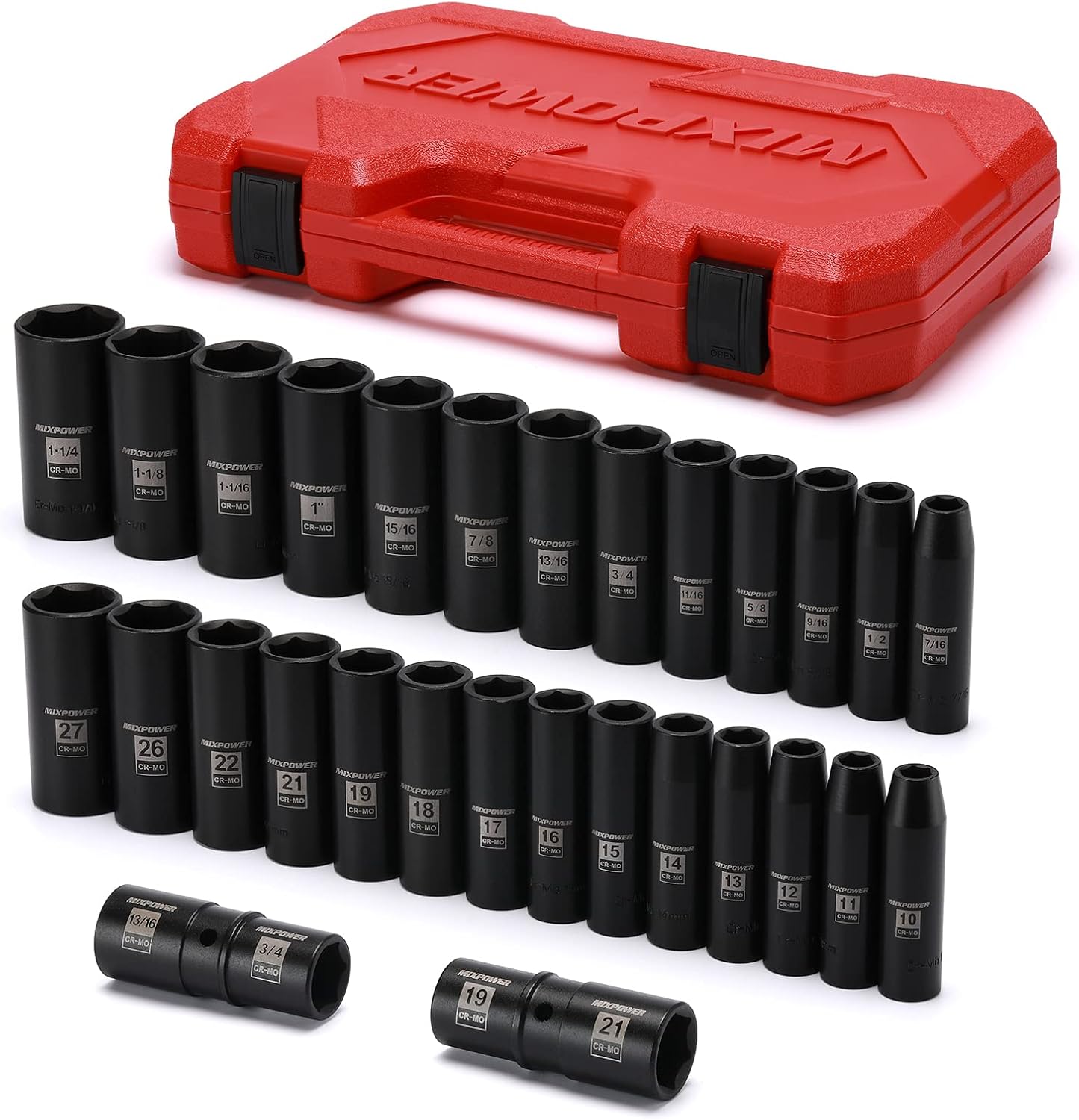 MIXPOWER 1/2-Inch Deep Impact Socket Set, Cr-Mo Steel, 29 Pieces Set, Metric & SAE, 10-27mm, 7/8
