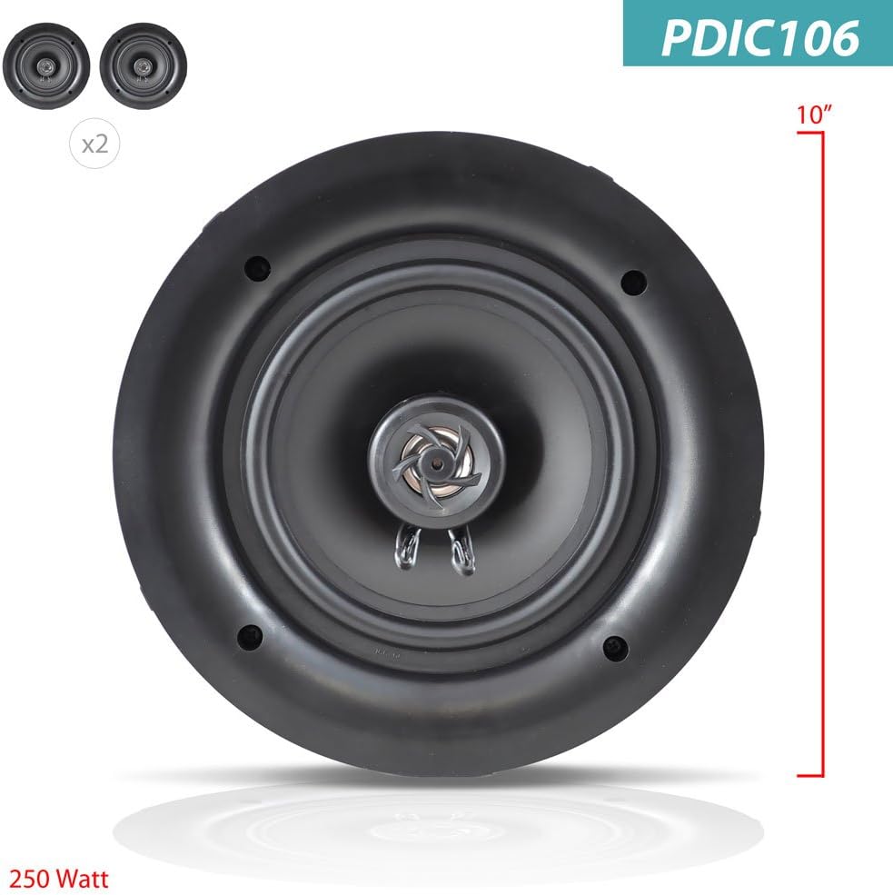 10” Ceiling Wall Mount Speakers - Pair of 2-Way Full Range Sound Stereo Speaker Audio System Flush Design w/ Electronic Crossover Network 35Hz-20kHz Frequency Response & 250 Watts Peak - Pyle PDIC106 Pack of 2